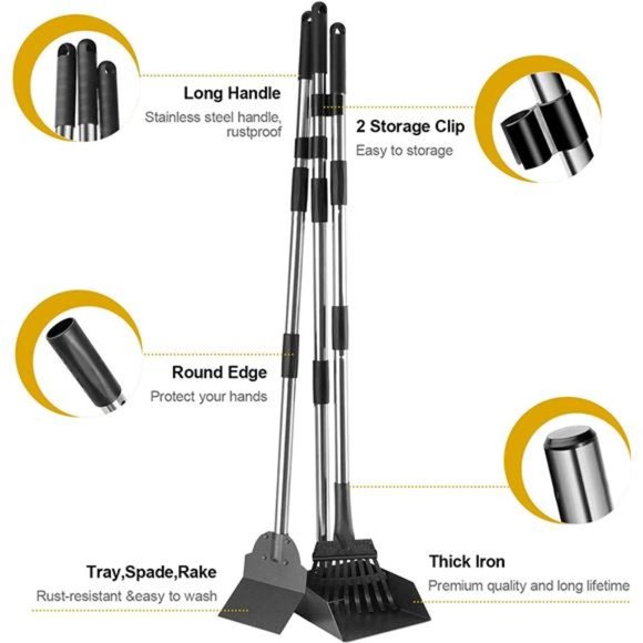 XL Poop Scooper for Large and Small Dogs with Long Handle, Metal Tray and Rake - Picture 2 of 6